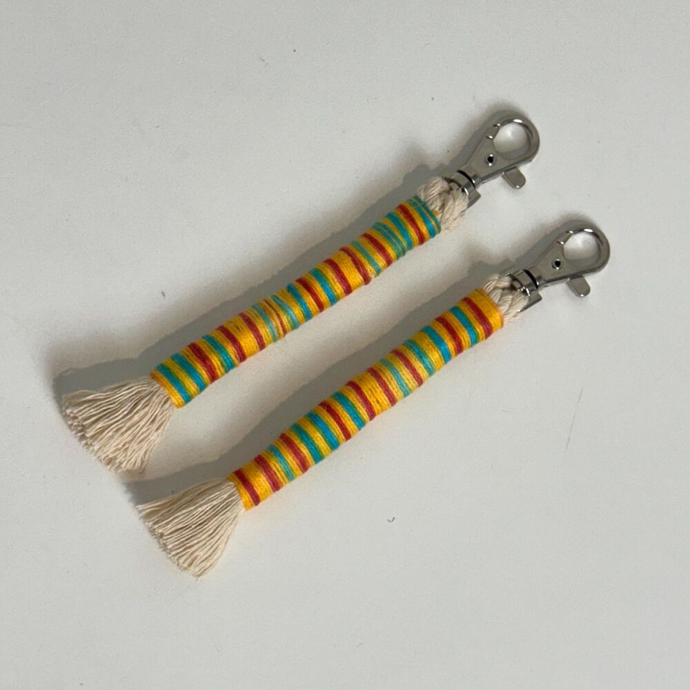 Handmade Macrame Wrapped Cotton 6” Bag Charm Toggles: 2 Yellow Striped